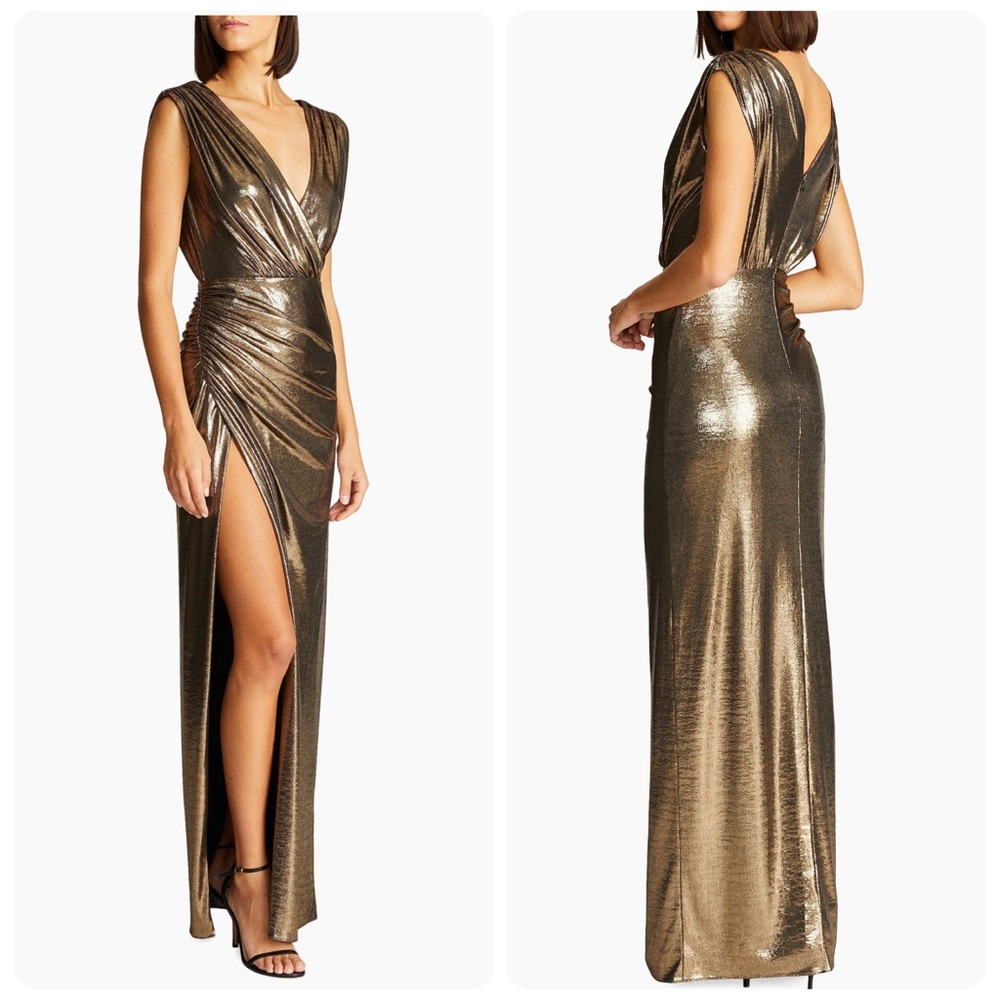 NWT Halston Misha Metallic Jersey Wrap Gown in Antique Gold | Size 4